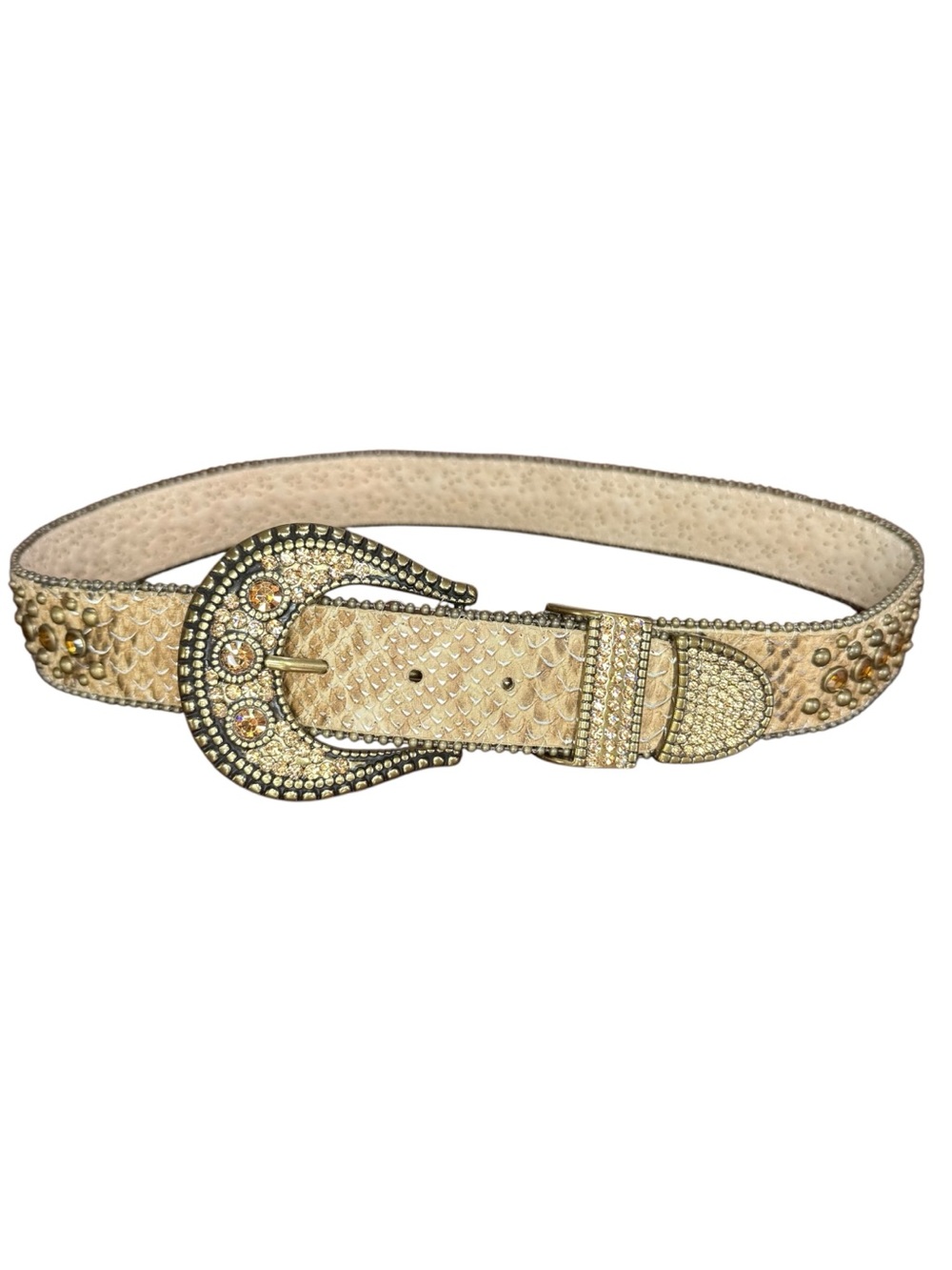 Chico's Gold-Tone Bling Studded Metal Tip Loop Buckle Leather Belt Western Small